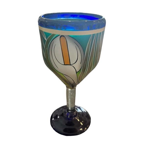 Talavera Hand Painted Cobalt Goblet Calla Lily One - Picture 1 of 7
